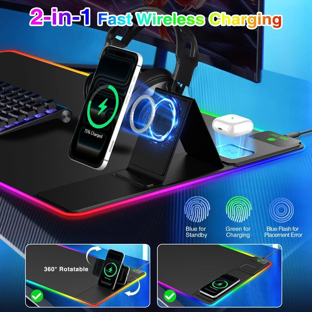 Alt view image 2 of 7 - RGB Gaming Mouse Pad with Magnetic Wireless Charging & Foldable Phone Stand 31.5"x15.8" XXL Large LED Mousepad with Stitched Edges, Ultra-Smooth Waterproof Surface, 25 Lighting Effects, Non-Slip Base