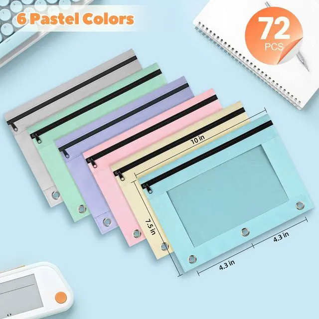 Alt view image 2 of 7 - Pencil Pouch for 3 Ring Binder 72 Pack, Pastel Binder Pen Bags Bulk with Zipper, Aesthetic 3 Holes Pencil Holder Organizer for Boy Girl Kids School Student, Reinforced Grommets & Clear Window