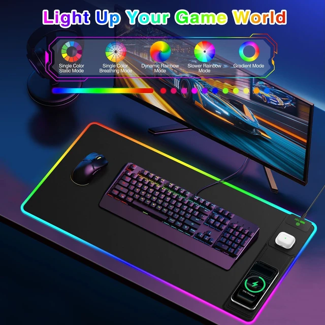 Alt view image 3 of 7 - RGB Gaming Mouse Pad with Magnetic Wireless Charging & Foldable Phone Stand 31.5"x15.8" XXL Large LED Mousepad with Stitched Edges, Ultra-Smooth Waterproof Surface, 25 Lighting Effects, Non-Slip Base