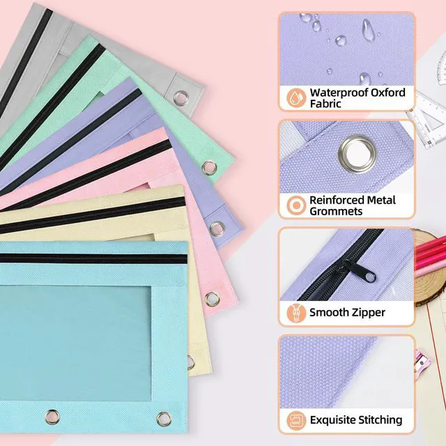 Alt view image 3 of 7 - Pencil Pouch for 3 Ring Binder 72 Pack, Pastel Binder Pen Bags Bulk with Zipper, Aesthetic 3 Holes Pencil Holder Organizer for Boy Girl Kids School Student, Reinforced Grommets & Clear Window