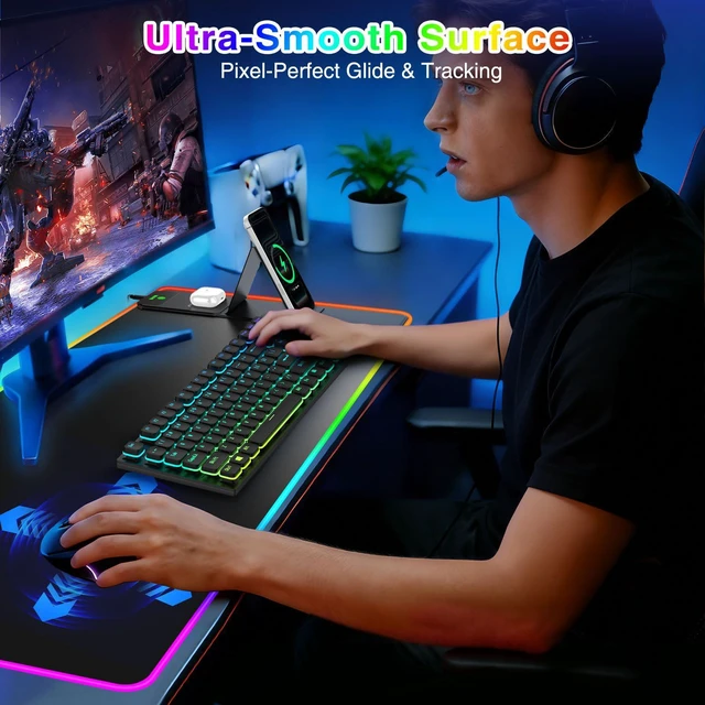 Alt view image 4 of 7 - RGB Gaming Mouse Pad with Magnetic Wireless Charging & Foldable Phone Stand 31.5"x15.8" XXL Large LED Mousepad with Stitched Edges, Ultra-Smooth Waterproof Surface, 25 Lighting Effects, Non-Slip Base