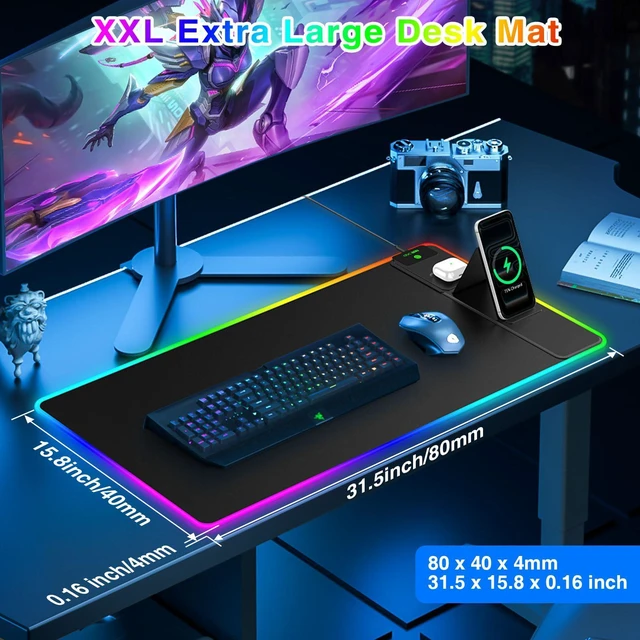 Alt view image 5 of 7 - RGB Gaming Mouse Pad with Magnetic Wireless Charging & Foldable Phone Stand 31.5"x15.8" XXL Large LED Mousepad with Stitched Edges, Ultra-Smooth Waterproof Surface, 25 Lighting Effects, Non-Slip Base