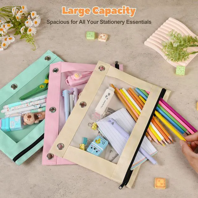 Alt view image 5 of 7 - Pencil Pouch for 3 Ring Binder 72 Pack, Pastel Binder Pen Bags Bulk with Zipper, Aesthetic 3 Holes Pencil Holder Organizer for Boy Girl Kids School Student, Reinforced Grommets & Clear Window