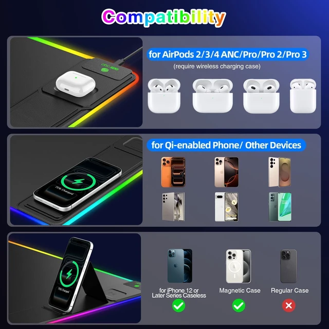 Alt view image 7 of 7 - RGB Gaming Mouse Pad with Magnetic Wireless Charging & Foldable Phone Stand 31.5"x15.8" XXL Large LED Mousepad with Stitched Edges, Ultra-Smooth Waterproof Surface, 25 Lighting Effects, Non-Slip Base