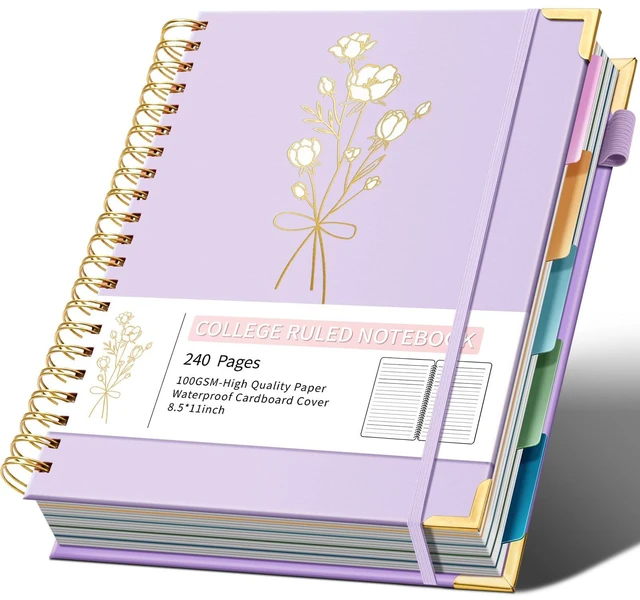 Main image of 5-Subject Hardcover Spiral Notebook, 8.5" x 11", College Ruled 240 college-ruled pages, 100 GSM paper, 5 removable dividers, inner pocket and protective metal corners