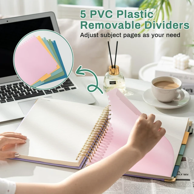 Alt view image 3 of 7 - 5-Subject Hardcover Spiral Notebook, 8.5" x 11", College Ruled 240 college-ruled pages, 100 GSM paper, 5 removable dividers, inner pocket and protective metal corners
