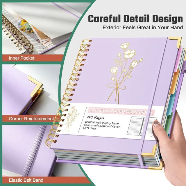 Alt view image 4 of 7 - 5-Subject Hardcover Spiral Notebook, 8.5" x 11", College Ruled 240 college-ruled pages, 100 GSM paper, 5 removable dividers, inner pocket and protective metal corners
