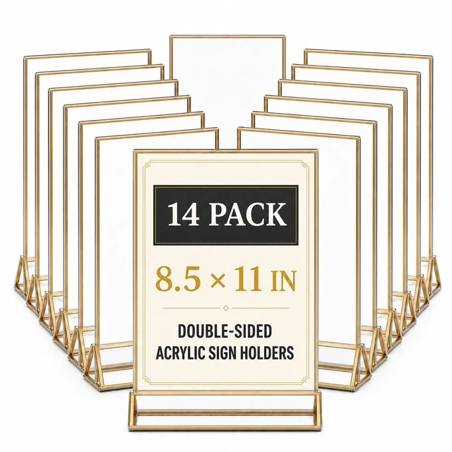 Main image of 14 Pack Acrylic Sign Holder 8.5x11 Gold Frames, Wedding Table Number Holders Double Sided Vertical Clear Display Stand, Picture Holders for Tables, Menus, Flyers, Party and Office Decor