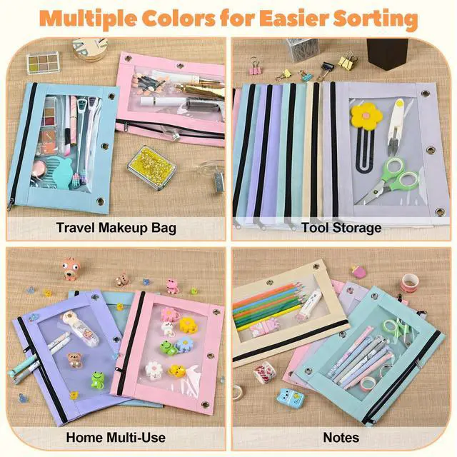 Alt view image 6 of 7 - Pencil Pouch for 3 Ring Binder 72 Pack, Pastel Binder Pen Bags Bulk with Zipper, Aesthetic 3 Holes Pencil Holder Organizer for Boy Girl Kids School Student, Reinforced Grommets & Clear Window