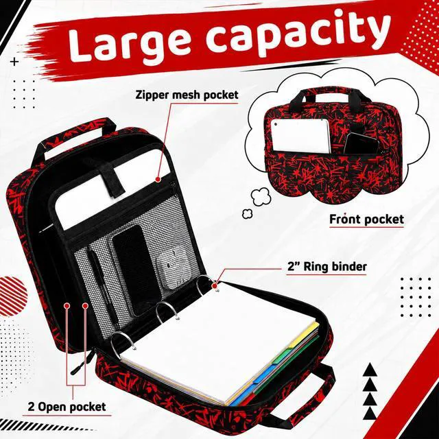 Alt view image 3 of 6 - Zipper Binder Folder Keeper with Strap 2", 3 Ring, Red, Lightning Dark Red Black, Multi-Pocket Zipper Bag, Fabric, 13" Laptop 5-Tab Expanding File Folder, Women Men, Office Middle High School