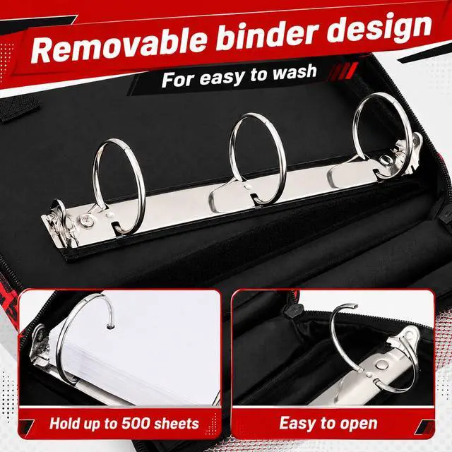 Alt view image 5 of 6 - Zipper Binder Folder Keeper with Strap 2", 3 Ring, Red, Lightning Dark Red Black, Multi-Pocket Zipper Bag, Fabric, 13" Laptop 5-Tab Expanding File Folder, Women Men, Office Middle High School