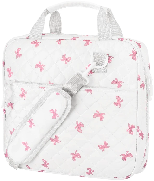 Main image of Zipper Binder Folder Keeper with Strap 2", 3 Ring, White, Pink Bow Coquette Bowknot Multi-pocket Zipper Bag, Fabric 13" Laptop 5-tab Expanding File Folder, Women Men, Office Middle High School