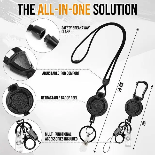Alt view image 2 of 7 - Heavy Duty Retractable Lanyard - Breakaway Lanyards for ID Badges Keys, Retractable Keychain with Upgraded Carabiner, Key Ring, and Lobster Clasp, Bearing 10.0 oz