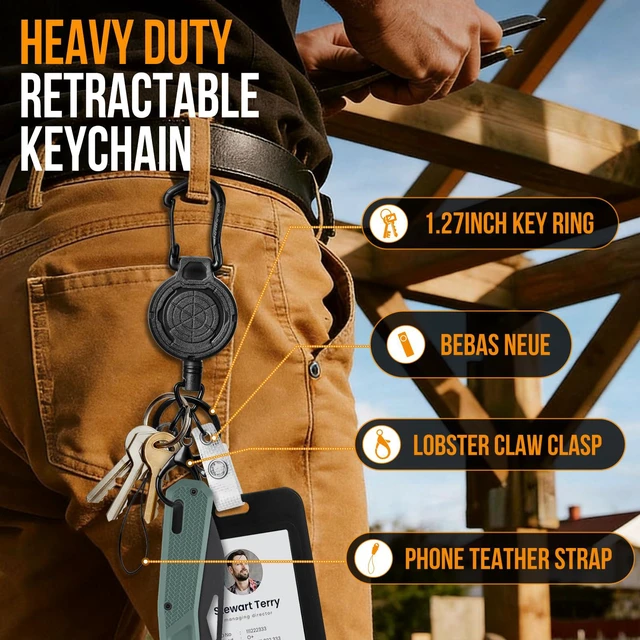 Alt view image 4 of 7 - Heavy Duty Retractable Lanyard - Breakaway Lanyards for ID Badges Keys, Retractable Keychain with Upgraded Carabiner, Key Ring, and Lobster Clasp, Bearing 10.0 oz
