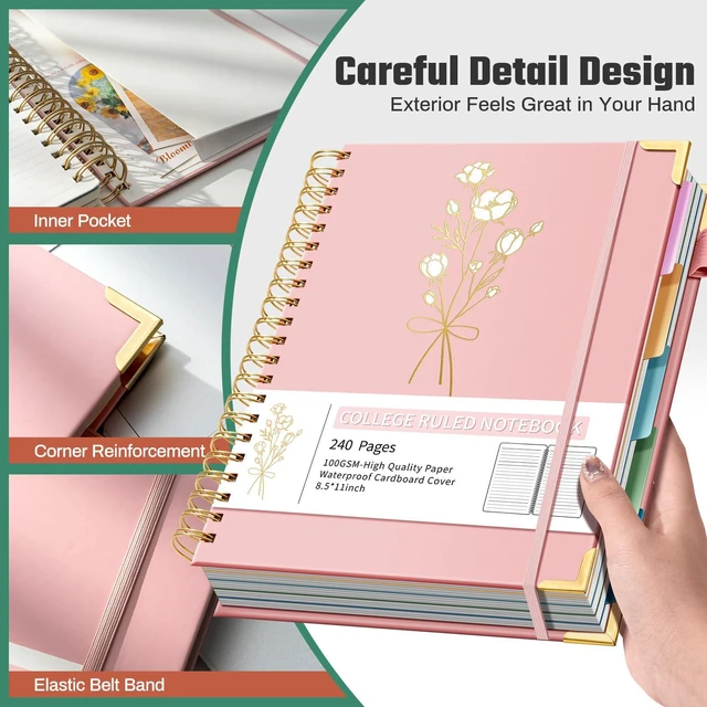Alt view image 4 of 7 - 5-Subject Hardcover Spiral Notebook, 8.5" x 11", College Ruled 240 college-ruled pages, 100 GSM paper, 5 removable dividers, inner pocket and protective metal corners