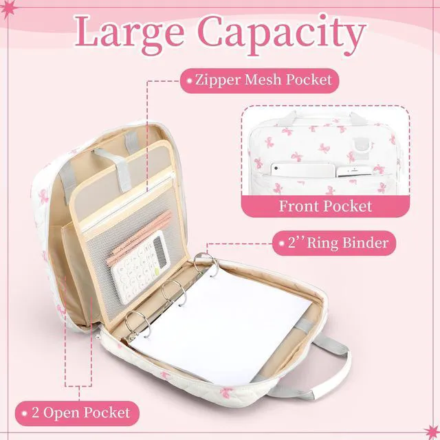 Alt view image 3 of 6 - Zipper Binder Folder Keeper with Strap 2", 3 Ring, White, Pink Bow Coquette Bowknot Multi-pocket Zipper Bag, Fabric 13" Laptop 5-tab Expanding File Folder, Women Men, Office Middle High School