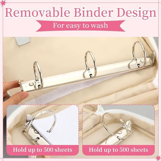 Alt view image 4 of 6 - Zipper Binder Folder Keeper with Strap 2", 3 Ring, White, Pink Bow Coquette Bowknot Multi-pocket Zipper Bag, Fabric 13" Laptop 5-tab Expanding File Folder, Women Men, Office Middle High School
