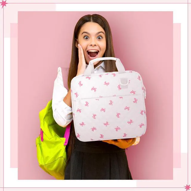 Alt view image 6 of 6 - Zipper Binder Folder Keeper with Strap 2", 3 Ring, White, Pink Bow Coquette Bowknot Multi-pocket Zipper Bag, Fabric 13" Laptop 5-tab Expanding File Folder, Women Men, Office Middle High School