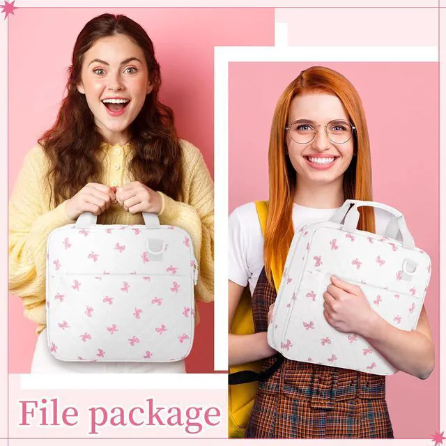 Alt view image 5 of 6 - Zipper Binder Folder Keeper with Strap 2", 3 Ring, White, Pink Bow Coquette Bowknot Multi-pocket Zipper Bag, Fabric 13" Laptop 5-tab Expanding File Folder, Women Men, Office Middle High School