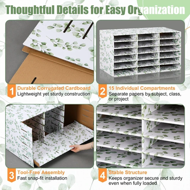 Alt view image 3 of 7 - 1 Pc Classroom Construction Paper Storage,Eucalyptus 18 Slot Compartments Desktop Scrapbook Organizer for Letter/A4 File Sorter, 14.2" H x 28.1" W x 12.4" D for School Office