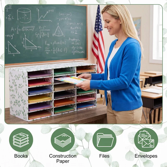 Alt view image 5 of 7 - 1 Pc Classroom Construction Paper Storage,Eucalyptus 18 Slot Compartments Desktop Scrapbook Organizer for Letter/A4 File Sorter, 14.2" H x 28.1" W x 12.4" D for School Office