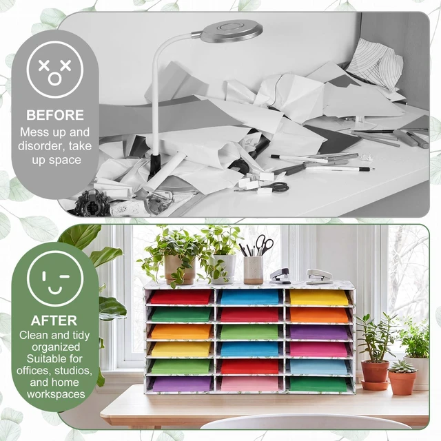 Alt view image 7 of 7 - 1 Pc Classroom Construction Paper Storage,Eucalyptus 18 Slot Compartments Desktop Scrapbook Organizer for Letter/A4 File Sorter, 14.2" H x 28.1" W x 12.4" D for School Office