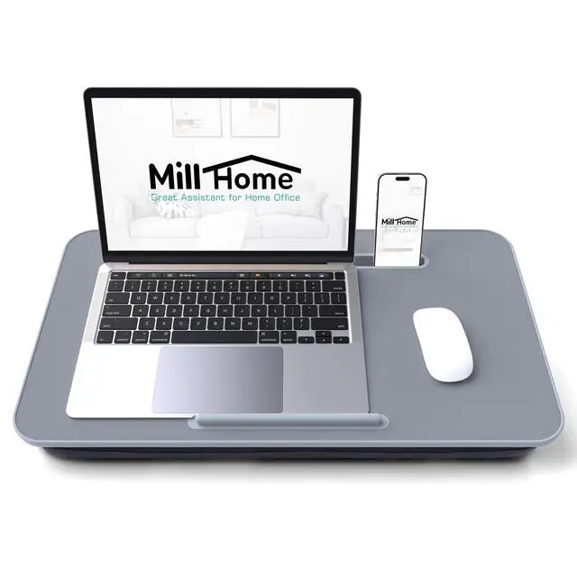 Alt view image 2 of 7 - Lap Desk with Cushion, Fits up to 17 inch Laptop, Pillow Designed, Portable Laptop Stand with Tray, Pad & Phone Holder, Home Office for Bed/Couch/Car/Reading/Writing, (Gray)