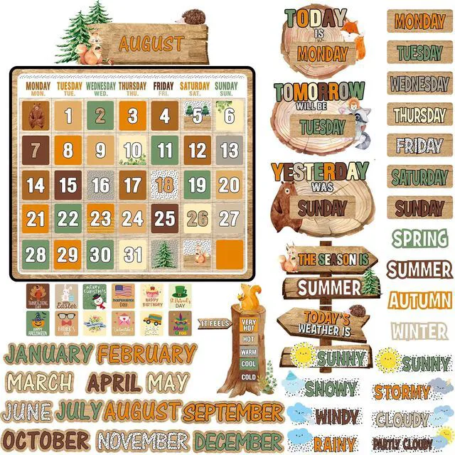 Main image of 85 Pcs Calendar Bulletin Board Set Classroom Calendar Bulletin Board with Numbers Month Weather Classroom Decorations for Back to School Wall Chalkboard Decor Supplies(Woodland)