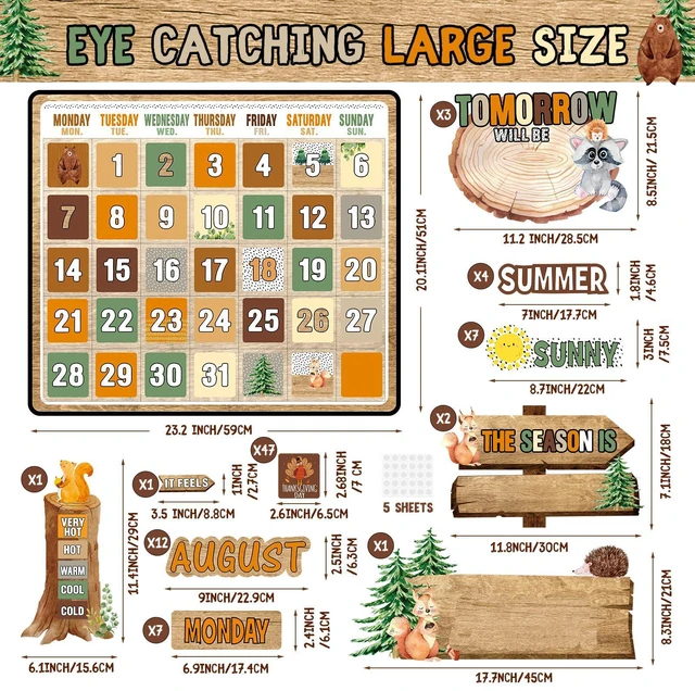 Alt view image 2 of 7 - 85 Pcs Calendar Bulletin Board Set Classroom Calendar Bulletin Board with Numbers Month Weather Classroom Decorations for Back to School Wall Chalkboard Decor Supplies(Woodland)