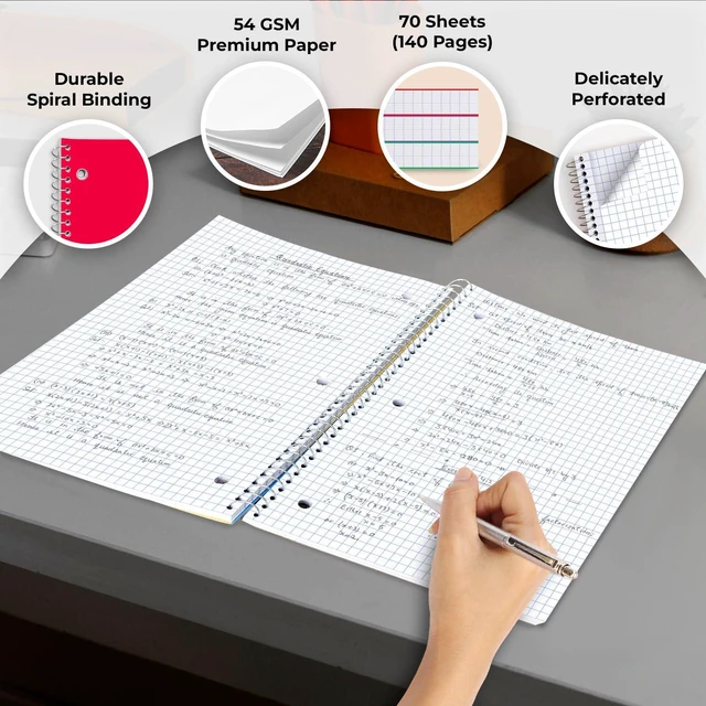 Alt view image 2 of 7 - Bulk 1 Subject Spiral Notebook Graph Paper, 50 Pack, 70 Sheets Bulk 4x4 Grid Quad Ruled Spiral Notebook, 3 Hole Punched, 140 Pages, 8 x 10-1/2, Bulk Quad Ruled Graph Paper Spiral Notebooks