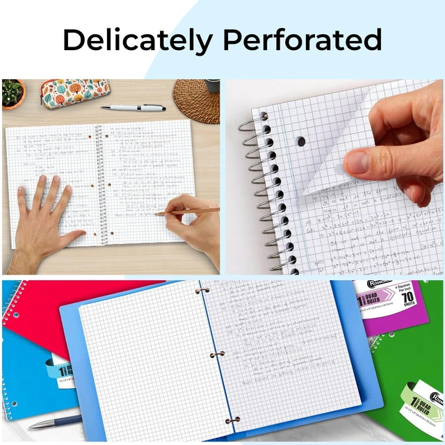 Alt view image 4 of 7 - Bulk 1 Subject Spiral Notebook Graph Paper, 50 Pack, 70 Sheets Bulk 4x4 Grid Quad Ruled Spiral Notebook, 3 Hole Punched, 140 Pages, 8 x 10-1/2, Bulk Quad Ruled Graph Paper Spiral Notebooks