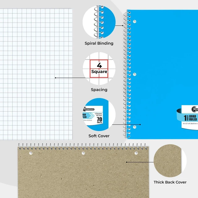 Alt view image 5 of 7 - Bulk 1 Subject Spiral Notebook Graph Paper, 50 Pack, 70 Sheets Bulk 4x4 Grid Quad Ruled Spiral Notebook, 3 Hole Punched, 140 Pages, 8 x 10-1/2, Bulk Quad Ruled Graph Paper Spiral Notebooks