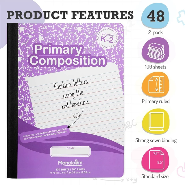 Alt view image 2 of 4 - Primary Composition Notebook K-2, Primary Ruled Composition Book Grades K 2, Preschool,1st Grade, Lined Notebooks - 9.75" x 7.50" - Durable Cover -100 Sheets - Assorted Colors (Bulk - 48 Pack)