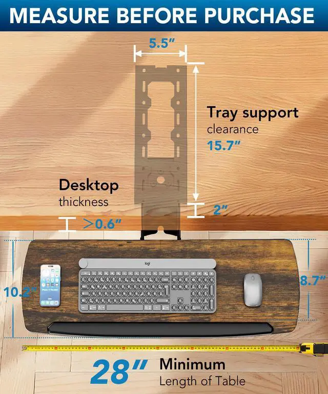 Alt view image 3 of 7 - Keyboard Tray Under Desk with Storage Drawer, Height Adjustable Keyboard Tray Slide Out 360° Swivel Tilt, Ergonomic Under Desk Mount Keyboard & Mouse Holder for Gaming Home Office, 28''x11'' Vintage