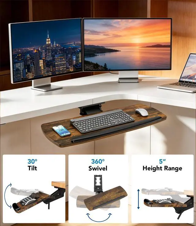 Alt view image 4 of 7 - Keyboard Tray Under Desk with Storage Drawer, Height Adjustable Keyboard Tray Slide Out 360° Swivel Tilt, Ergonomic Under Desk Mount Keyboard & Mouse Holder for Gaming Home Office, 28''x11'' Vintage