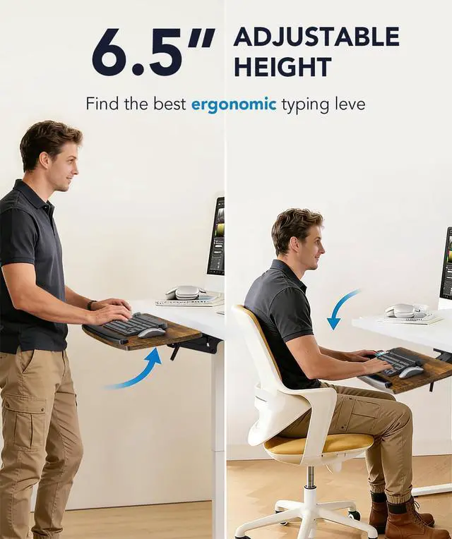 Alt view image 2 of 7 - Keyboard Tray Under Desk with Storage Drawer, Height Adjustable Keyboard Tray Slide Out 360° Swivel Tilt, Ergonomic Under Desk Mount Keyboard & Mouse Holder for Gaming Home Office, 28''x11'' Vintage