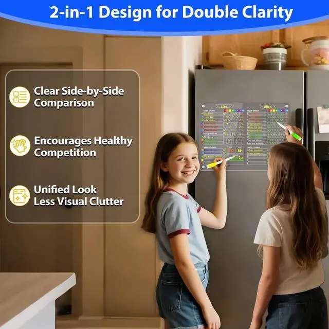 Alt view image 2 of 6 - 2-in-1 Acrylic Magnetic Chore Chart for 2 Kids, Large 16x12 in Clear Dry Erase Fridge Chore Board for Teens, Roommates; Vibrant Layout; Embedded Magnets; 12 Wet-Erase Markers and Towel