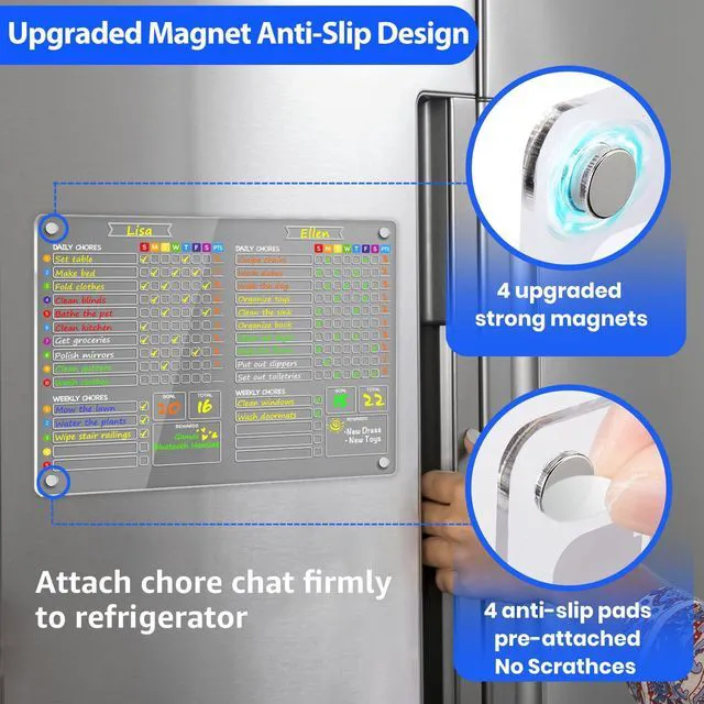 Alt view image 5 of 6 - 2-in-1 Acrylic Magnetic Chore Chart for 2 Kids, Large 16x12 in Clear Dry Erase Fridge Chore Board for Teens, Roommates; Vibrant Layout; Embedded Magnets; 12 Wet-Erase Markers and Towel