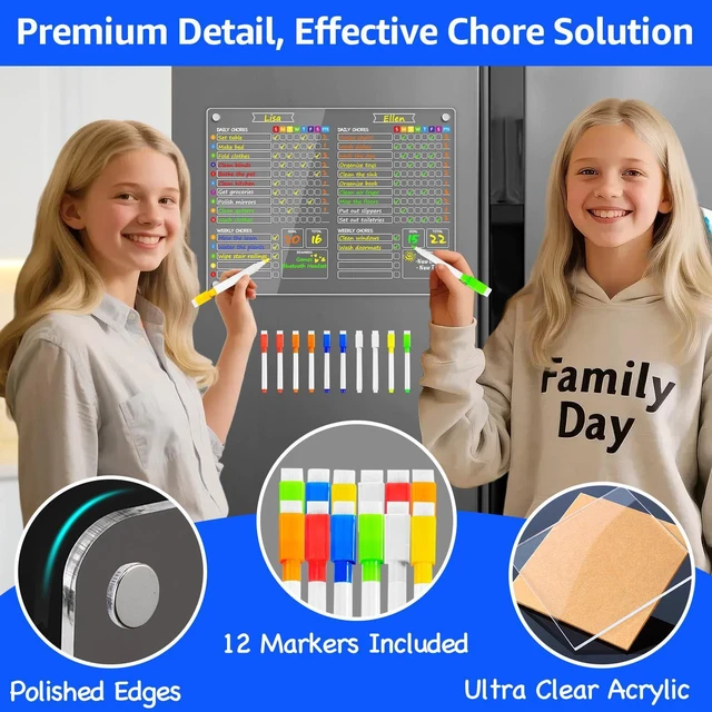 Alt view image 3 of 6 - 2-in-1 Acrylic Magnetic Chore Chart for 2 Kids, Large 16x12 in Clear Dry Erase Fridge Chore Board for Teens, Roommates; Vibrant Layout; Embedded Magnets; 12 Wet-Erase Markers and Towel