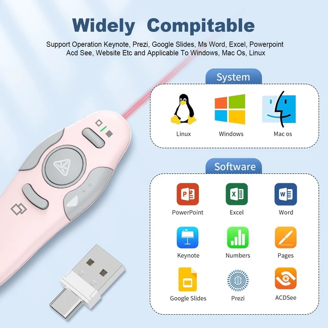 Alt view image 6 of 7 - Presentation Clicker Wireless Presenter Remote, Pink, A-C Clicker for PowerPoint Presentation Remote, PowerPoint Slide Advancer for Mac/Windows/Google Slide/Keynote