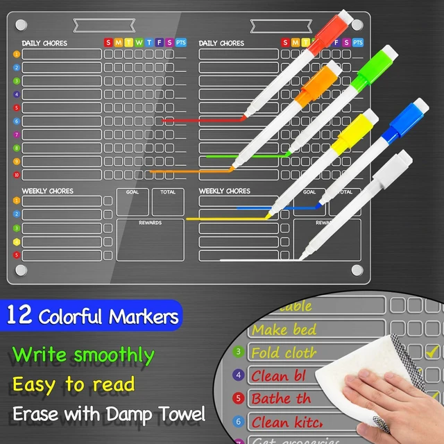 Alt view image 4 of 6 - 2-in-1 Acrylic Magnetic Chore Chart for 2 Kids, Large 16x12 in Clear Dry Erase Fridge Chore Board for Teens, Roommates; Vibrant Layout; Embedded Magnets; 12 Wet-Erase Markers and Towel
