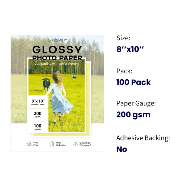Alt view image 2 of 7 - 100 Sheets Glossy Photo Paper 8x10, 54LB Inkjet Printer Paper 200 GSM Picture paper for Printer for Dye Ink