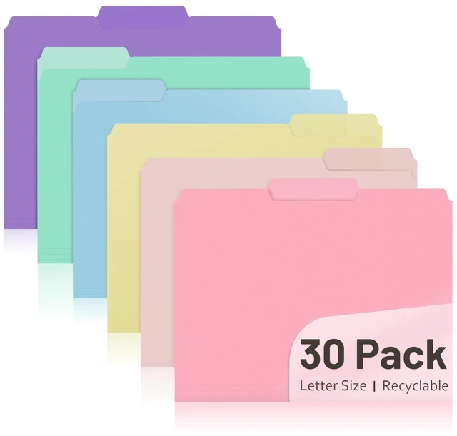 Main image of Plastic File Folders, 6 Pastel Colors, Letter Size 8.5x11, 30 Pack 1/3-Cut Tabs, Poly Folders, For Documents, Office, Home, School Organization