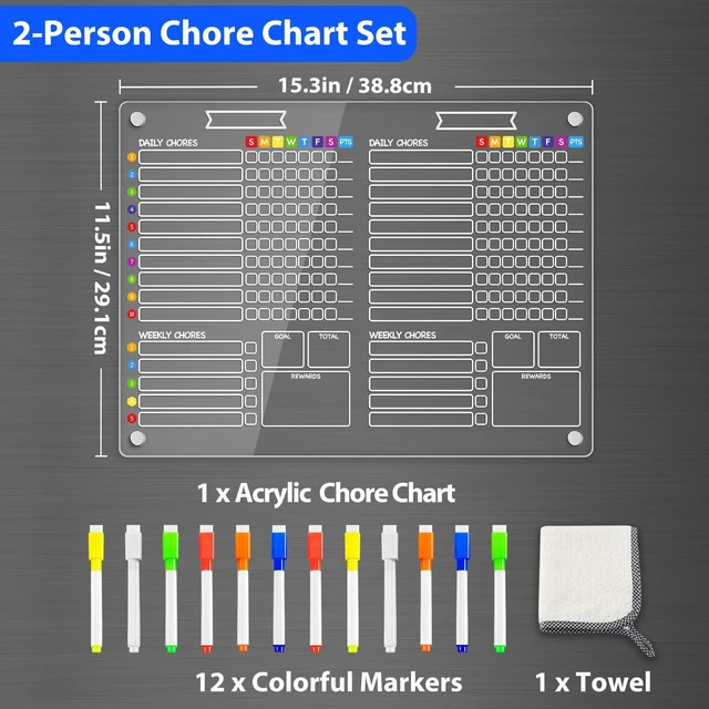 Alt view image 6 of 6 - 2-in-1 Acrylic Magnetic Chore Chart for 2 Kids, Large 16x12 in Clear Dry Erase Fridge Chore Board for Teens, Roommates; Vibrant Layout; Embedded Magnets; 12 Wet-Erase Markers and Towel