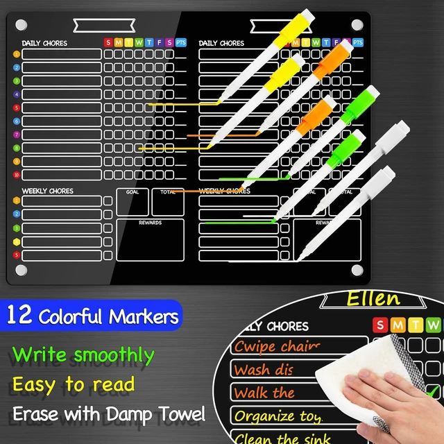 Alt view image 2 of 7 - 2-in-1 Acrylic Magnetic Chore Chart for 2 Kids, Large 16x12 in Black Dry Erase Fridge Chore Board for Teens, Roommates; Vibrant Layout; Embedded Magnets; 12 Wet-Erase Markers and Towel