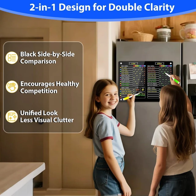 Alt view image 3 of 7 - 2-in-1 Acrylic Magnetic Chore Chart for 2 Kids, Large 16x12 in Black Dry Erase Fridge Chore Board for Teens, Roommates; Vibrant Layout; Embedded Magnets; 12 Wet-Erase Markers and Towel