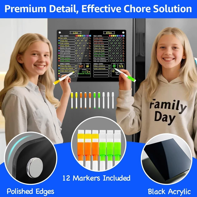 Alt view image 4 of 7 - 2-in-1 Acrylic Magnetic Chore Chart for 2 Kids, Large 16x12 in Black Dry Erase Fridge Chore Board for Teens, Roommates; Vibrant Layout; Embedded Magnets; 12 Wet-Erase Markers and Towel