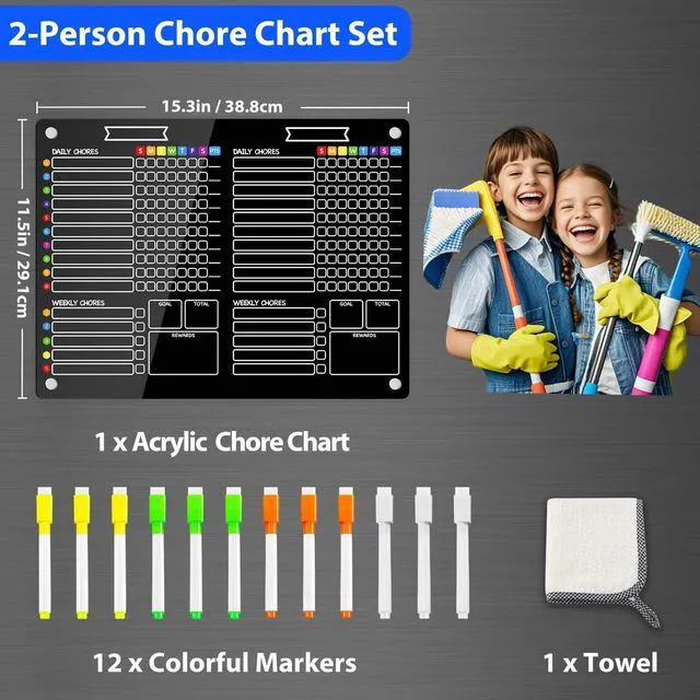 Alt view image 5 of 7 - 2-in-1 Acrylic Magnetic Chore Chart for 2 Kids, Large 16x12 in Black Dry Erase Fridge Chore Board for Teens, Roommates; Vibrant Layout; Embedded Magnets; 12 Wet-Erase Markers and Towel