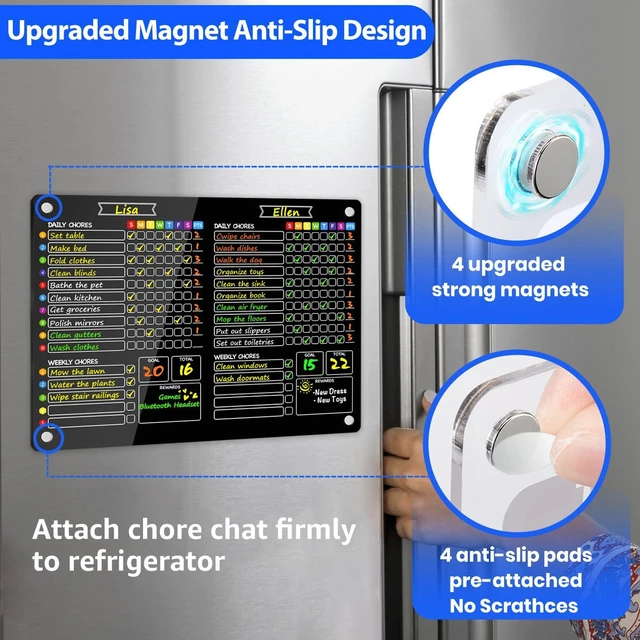 Alt view image 6 of 7 - 2-in-1 Acrylic Magnetic Chore Chart for 2 Kids, Large 16x12 in Black Dry Erase Fridge Chore Board for Teens, Roommates; Vibrant Layout; Embedded Magnets; 12 Wet-Erase Markers and Towel