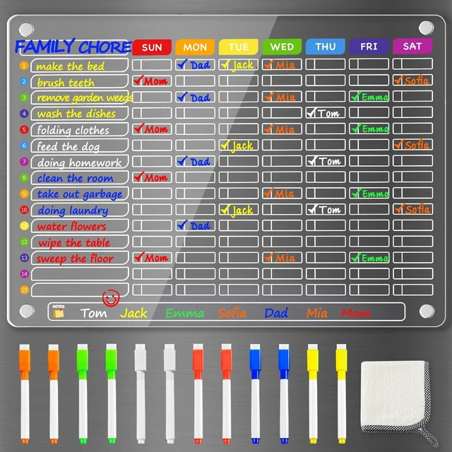 Main image of Acrylic Magnetic Chore Chart for Multiple Kids, Large 16x12 in Clear Dry Erase Fridge Chore Board for Family, Adult, Teens; Vibrant Layout; Embedded Magnets; 12 Wet-Erase Markers and Towel